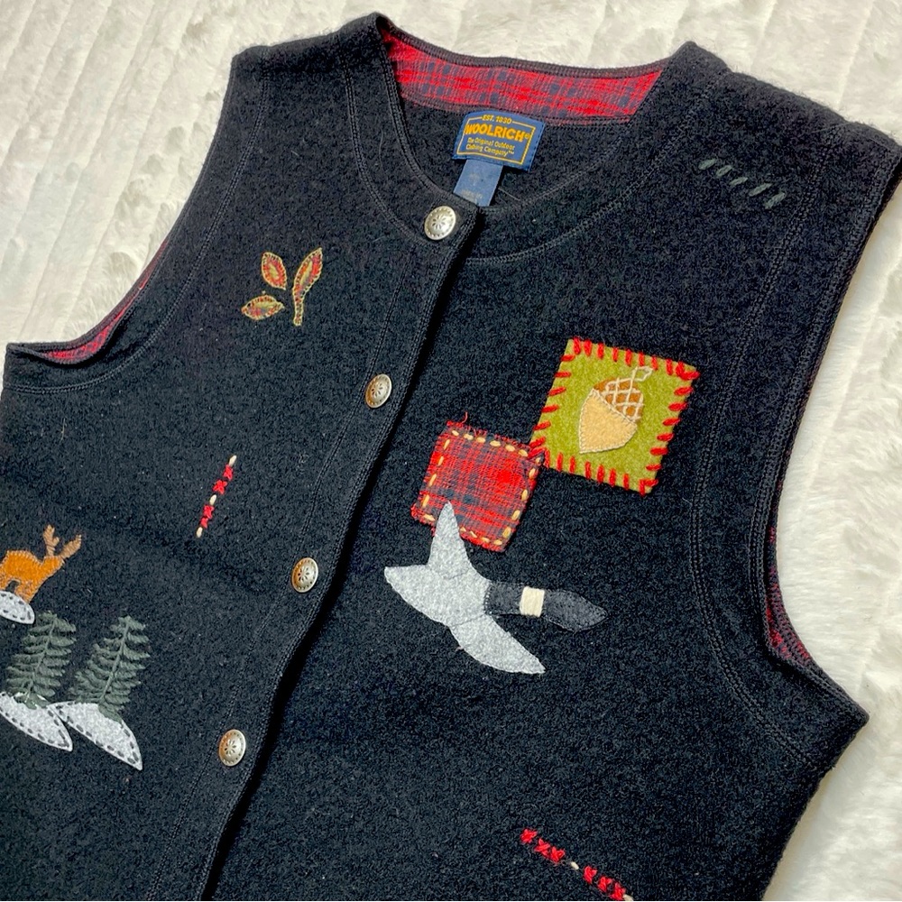 Woolrich Black Embroidered Wool Vest with Red Plaid Accents